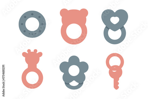 Six cute baby teethers and rattles set in pastel colors with animal and shape designs