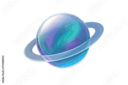 Abstract cosmic planet with iridescent holographic surface and translucent rings floating in space