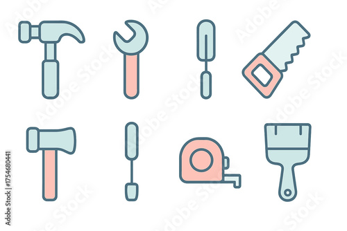 Eight essential construction, DIY, and home repair tools in a modern outline design
