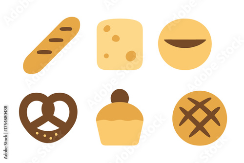 Minimalist set of six baked goods icons including bread, pretzel, and cupcake