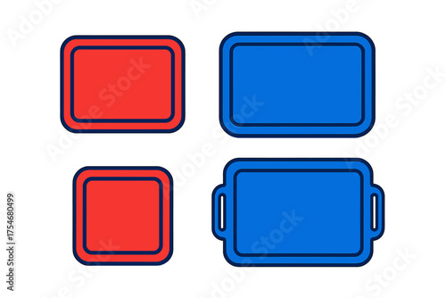 Four graphic rectangular shapes serving trays or buttons in vibrant red and blue colors