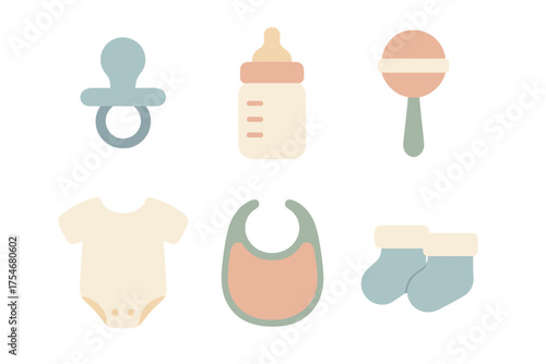 Newborn baby essentials set including pacifier bottle rattle onesie bib and socks in soft pastel colors