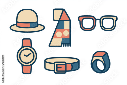 Essential fashion accessories set including fedora hat, patterned scarf, wristwatch, belt, and glasses