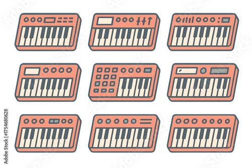 Set of nine stylized mini electronic music synthesizer keyboards and MIDI controllers