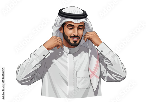 Young Arab Man in Traditional Saudi Clothing Adjusting His Ghutra