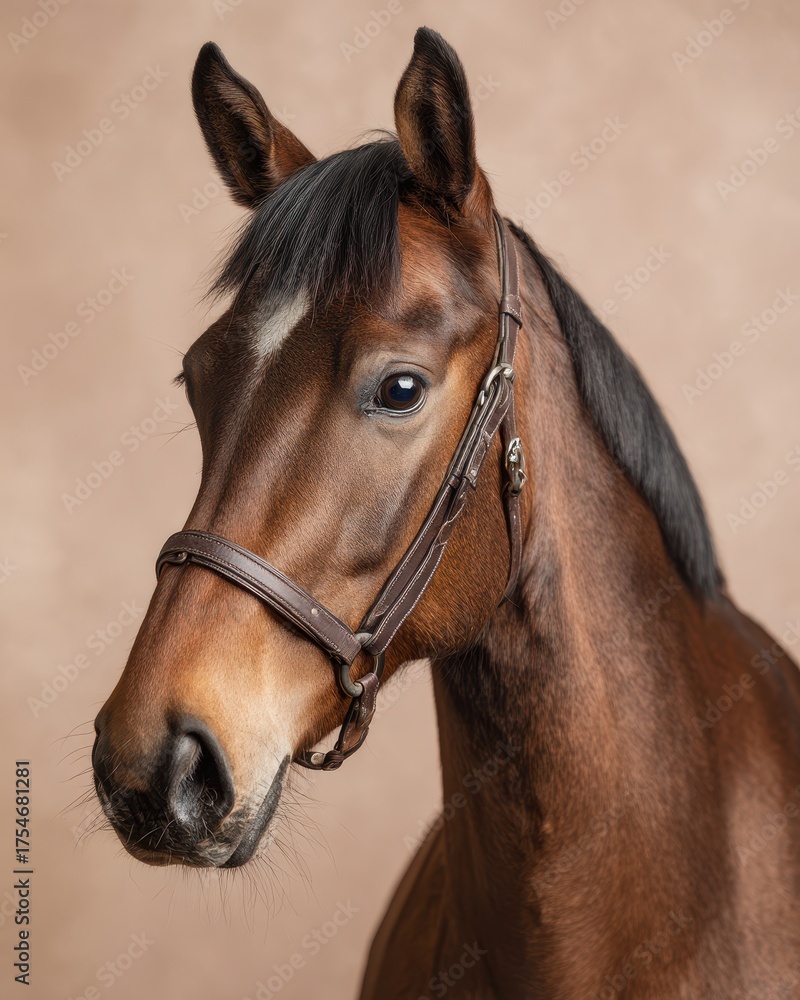 Fototapeta premium Beautiful brown horse portrait with elegant bridle and white marking