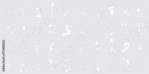Collection of abstract human figures in various meditative yoga poses on a light gray background