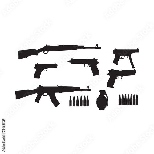 Illustration of silhouette of various firearms and ammunition weapon collection