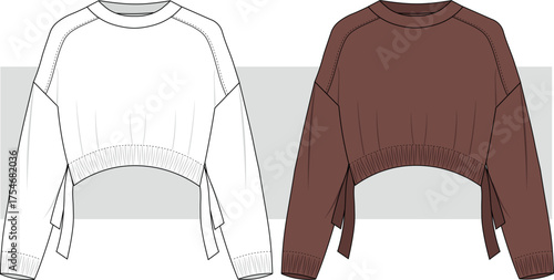 women's waist drawstring detailed sweatshirt fashion technical drawing, illustration. Cropped sweatshirt vector. Flat sketch, CAD, Mockup set.