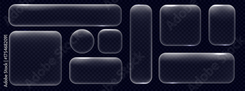 Glass liquid frame set. Glowing buttons transparent UI vector modern interface design