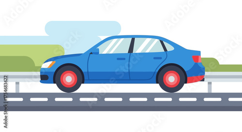 Blue Sedan Car Driving on Road with Red Wheels.
