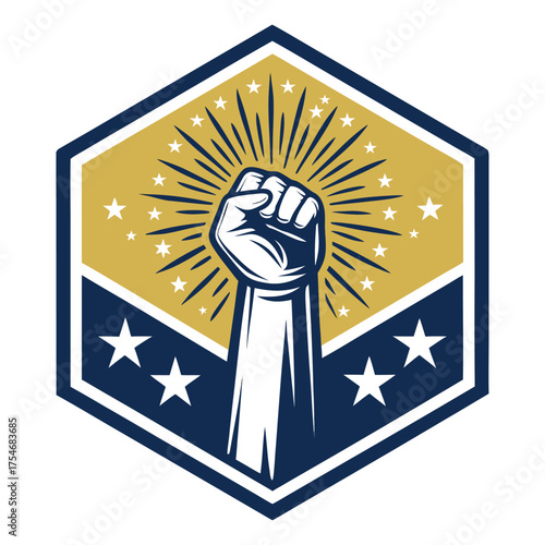 A hexagonal emblem displays a clenched fist raised in triumph.