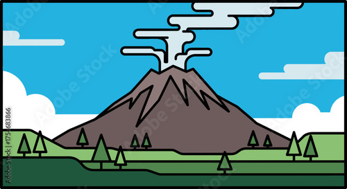 Cartoon Volcano Erupting with Smoke and Ash.