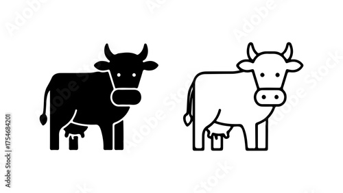 Cow icon set with outline and solid fill