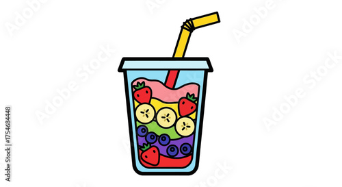 Colorful Fruit Smoothie Drink with Straw in a Clear Cup.