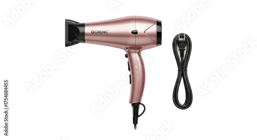 Luxury rose gold professional hair dryer and cord product photography for styling and beauty isolated PNG with Transparent Background