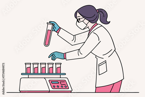 Illustration of a lab worker in protective gear handling test tubes with pink liquid using a digital rack highlighting scientific analysis, safety, and laboratory equipment.