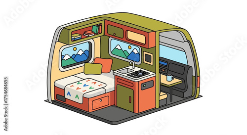 Cozy and Compact Camper Van Interior with Kitchenette and Bed.