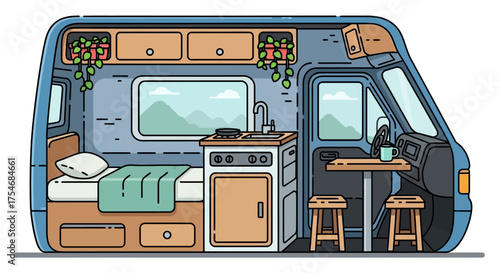 Cozy and fully equipped camper van interior for adventurous travel.