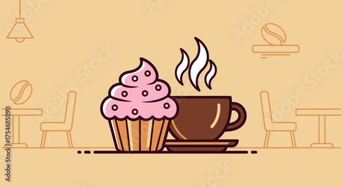 Delicious cupcake and hot coffee cup illustration.