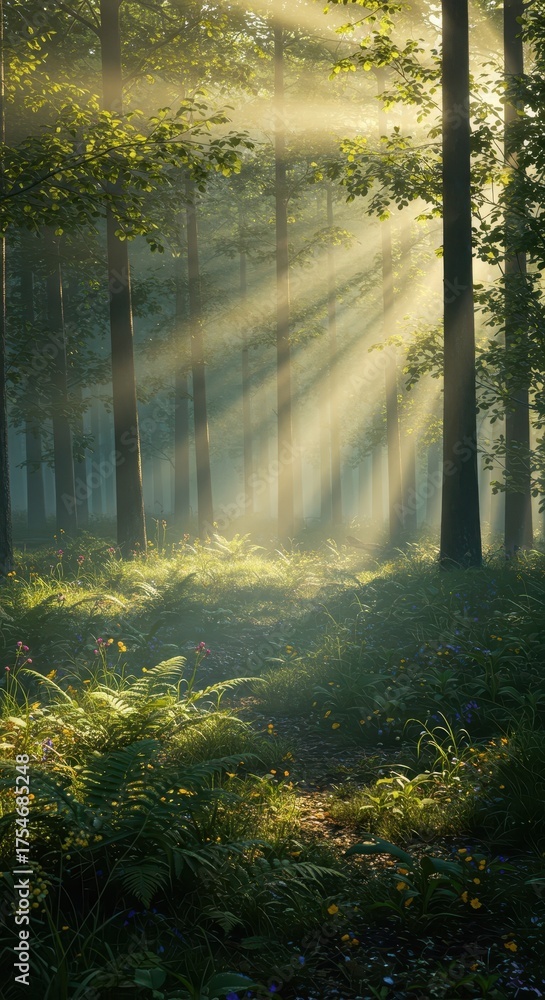 Obraz premium Sunbeams pierce through a misty forest canopy onto lush undergrowth.