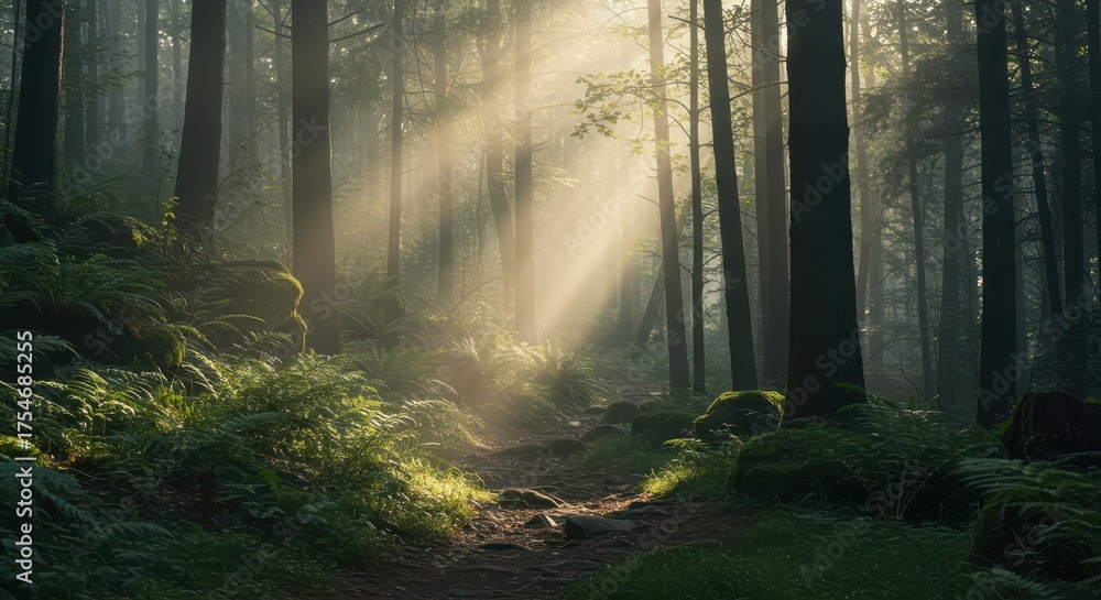 Naklejka premium Sunbeams pierce through a misty forest onto a mossy path.