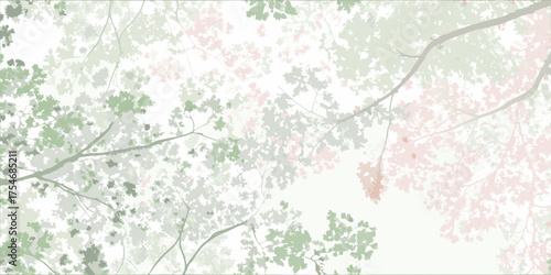 Soft focus pastel green and pink tree canopy viewed from below against a bright white sky