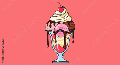 Delicious Ice Cream Sundae with Chocolate and Strawberry Scoops.