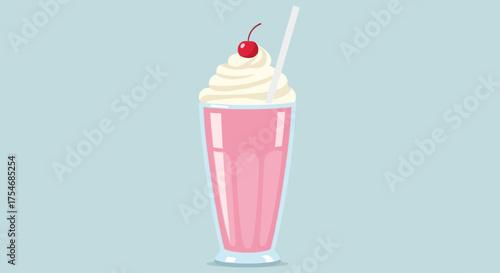 Delicious Pink Milkshake with Whipped Cream and Cherry Topping.