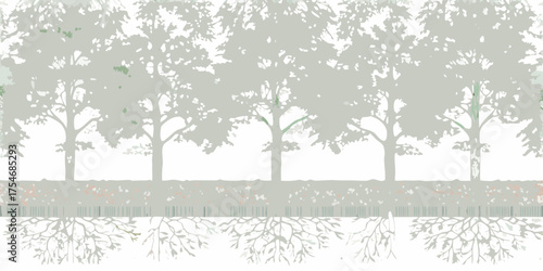 Stylized silhouette of trees with visible roots and ground cover in muted tones