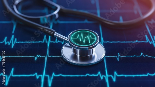 A stethoscope rests on an ECG monitor displaying heart rhythm, symbolizing healthcare and medical diagnostics.
