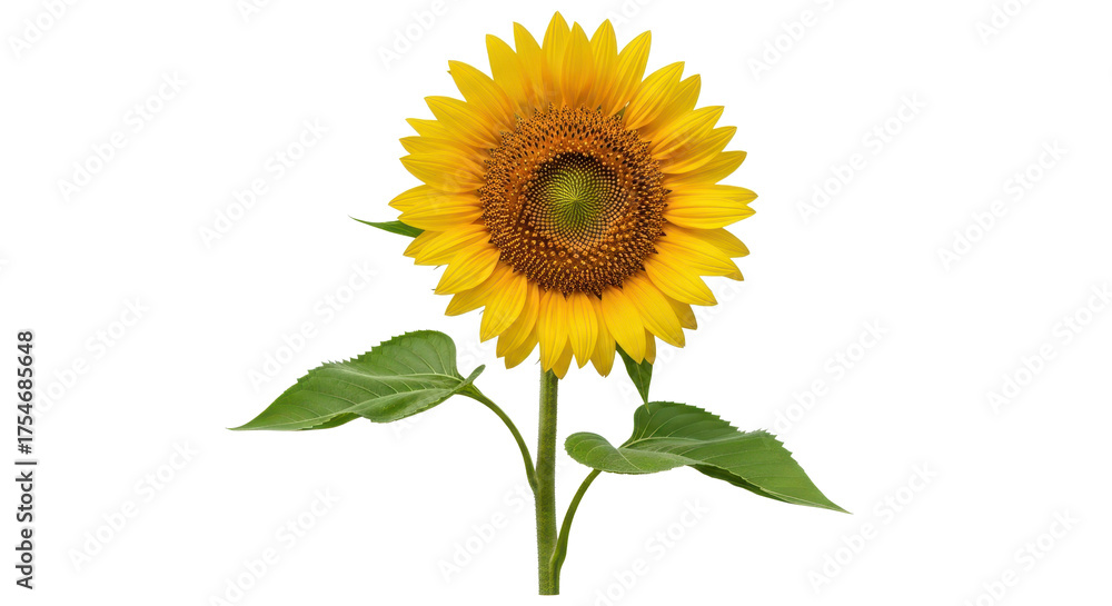 Fototapeta premium Single sunflower blossom with leaves isolated PNG with Transparent Background