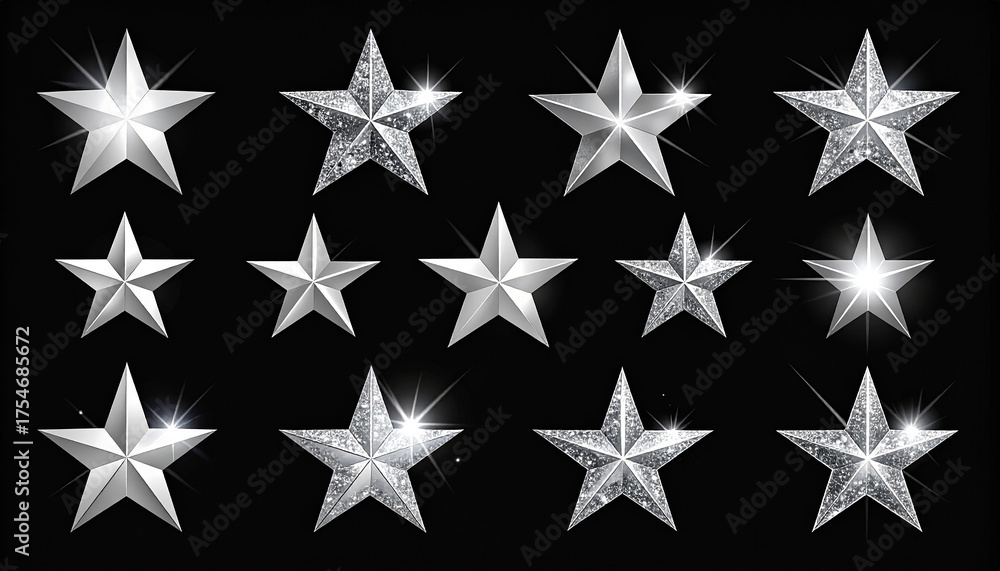 Obraz premium Silver glitter and metallic stars shining on black shiny