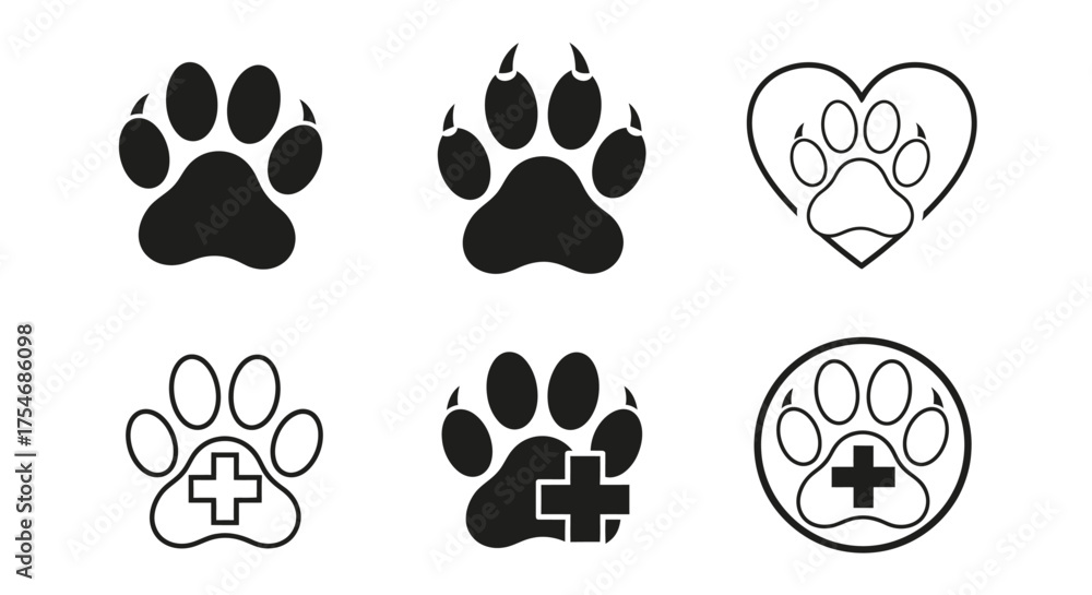 Fototapeta premium Animal paw print icon set, 6 black veterinary and pet care symbols, dog and cat paw silhouettes with medical cross and heart shapes