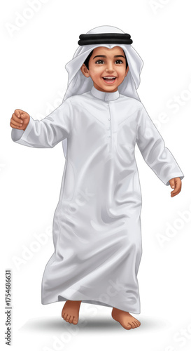 Joyful young Emirati boy in traditional white thobe and ghutra, full body illustration, celebrating culture