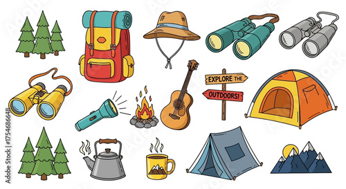 A detailed collection of hand-drawn camping and hiking equipment for outdoor adventure and summer travel exploration