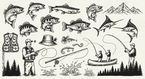 Collection of vintage hand-drawn fishing illustrations featuring fishermen, various fish species, and angling equipment