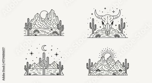 Collection of four minimalist Western desert landscapes with a bull skull, cacti, and mountains in a modern line art illustration style