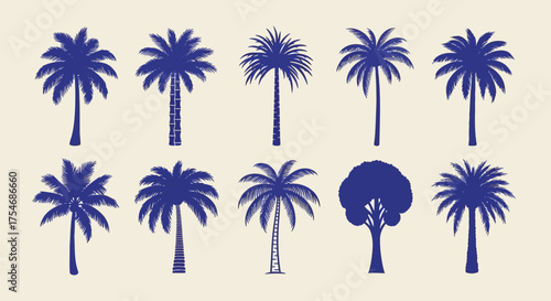 Collection of isolated blue palm tree silhouettes. A set of vector icons for tropical summer travel and vacation design concepts