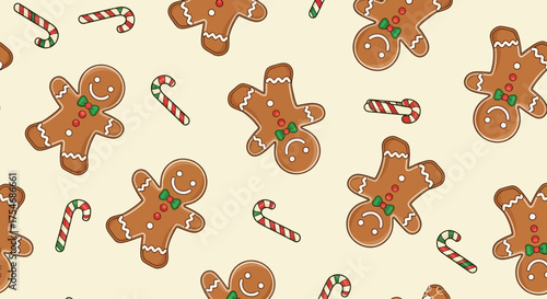 Festive seamless pattern of cheerful gingerbread men and sweet candy canes, a delightful holiday background illustration for baking themes