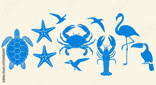 Blue silhouette icon set of coastal marine life and tropical animals. Vector collection with crab, turtle, lobster, and exotic birds