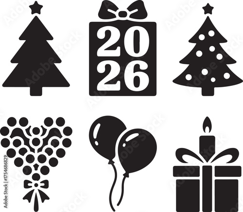 Black and white 2026 Christmas and New Year holiday concept set