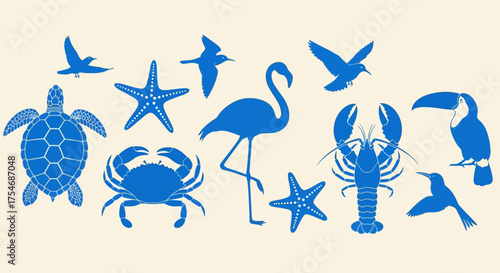 A vibrant blue collection of tropical animal silhouettes, featuring sea life and exotic birds for coastal design projects