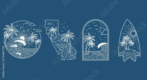 A collection of four California summer vacation emblems in a minimal line art style, featuring beach scenes, palm trees, and surfing themes