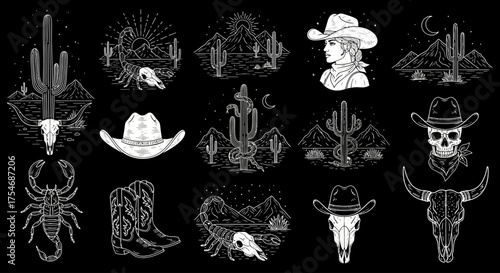 Hand-drawn collection of wild west icons and illustrations in a monochrome style, featuring cowboy skulls, desert cactus, and mountain scenes