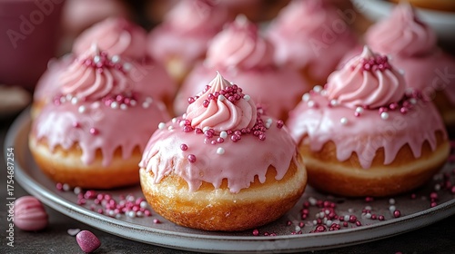 Stunning Donuts Close-Up: Pink & White Icing w/ Sprinkles, White Background Pro Photo, Stock Style Baking
