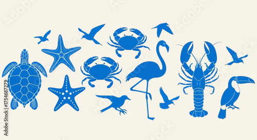 Set of blue marine life and tropical bird silhouettes. Vector icons of a turtle, crab, lobster, flamingo, and toucan for summer beach design