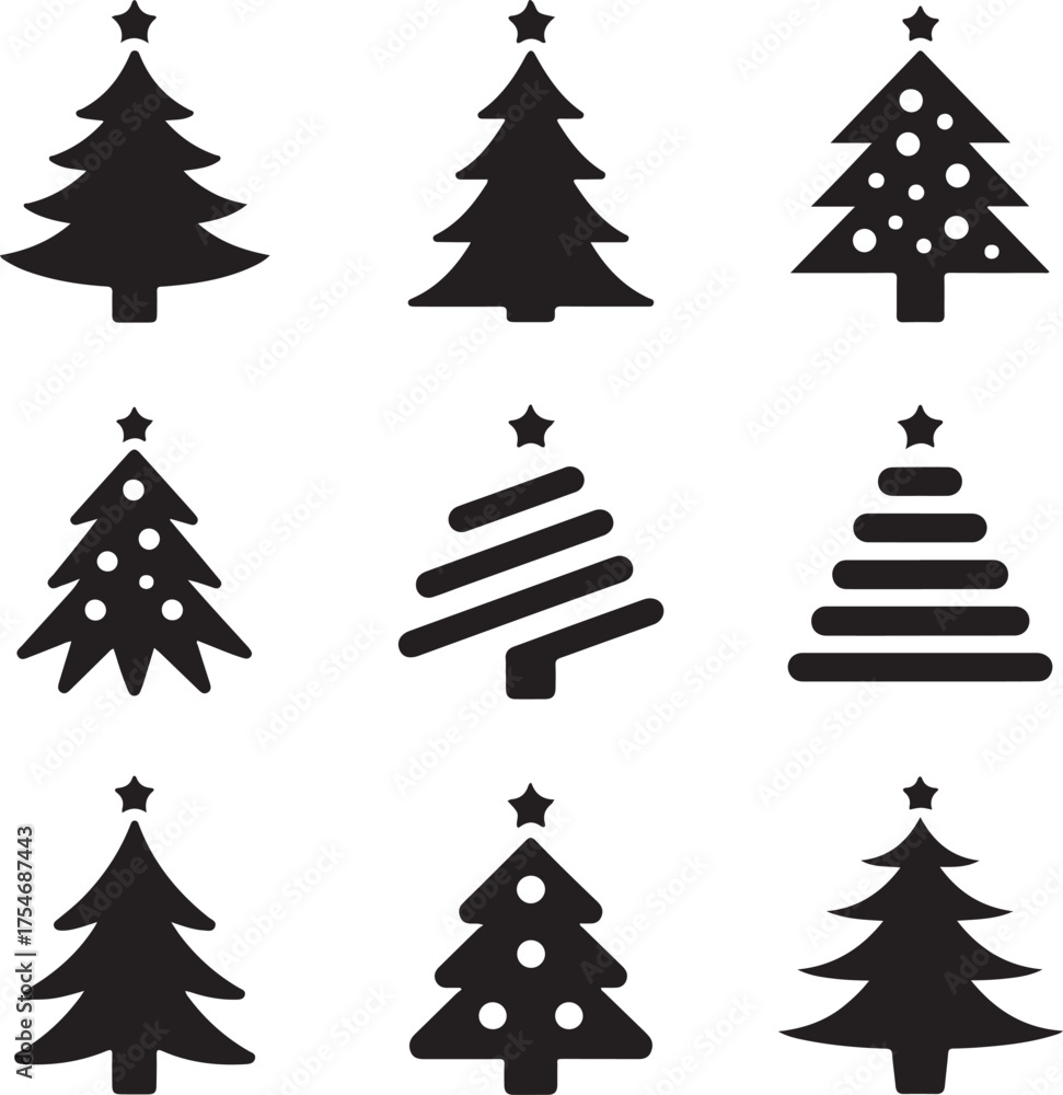 Obraz premium Collection of Christmas Tree Icons in Black and White for Holiday Designs