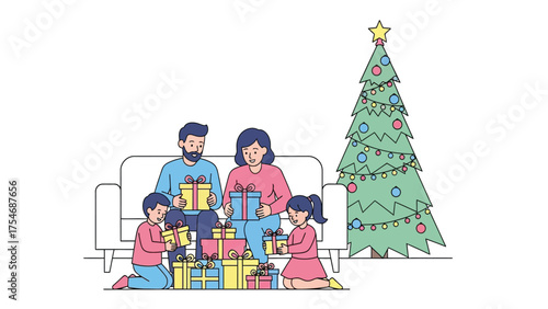 A family seated on a couch, opening presents near a decorated Christmas tree.