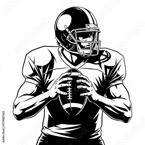 American football player holding ball, isolated vector silhouette.